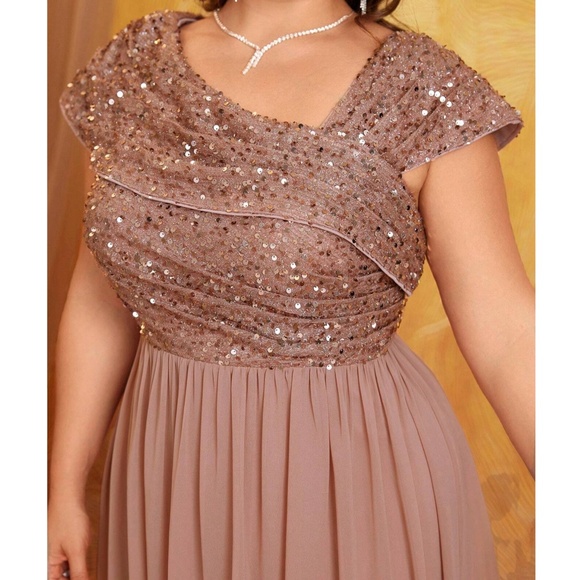 Plus Dusty Pink Sequin Flowy High Waisted Party Formal Wedding Dress - Picture 9 of 11
